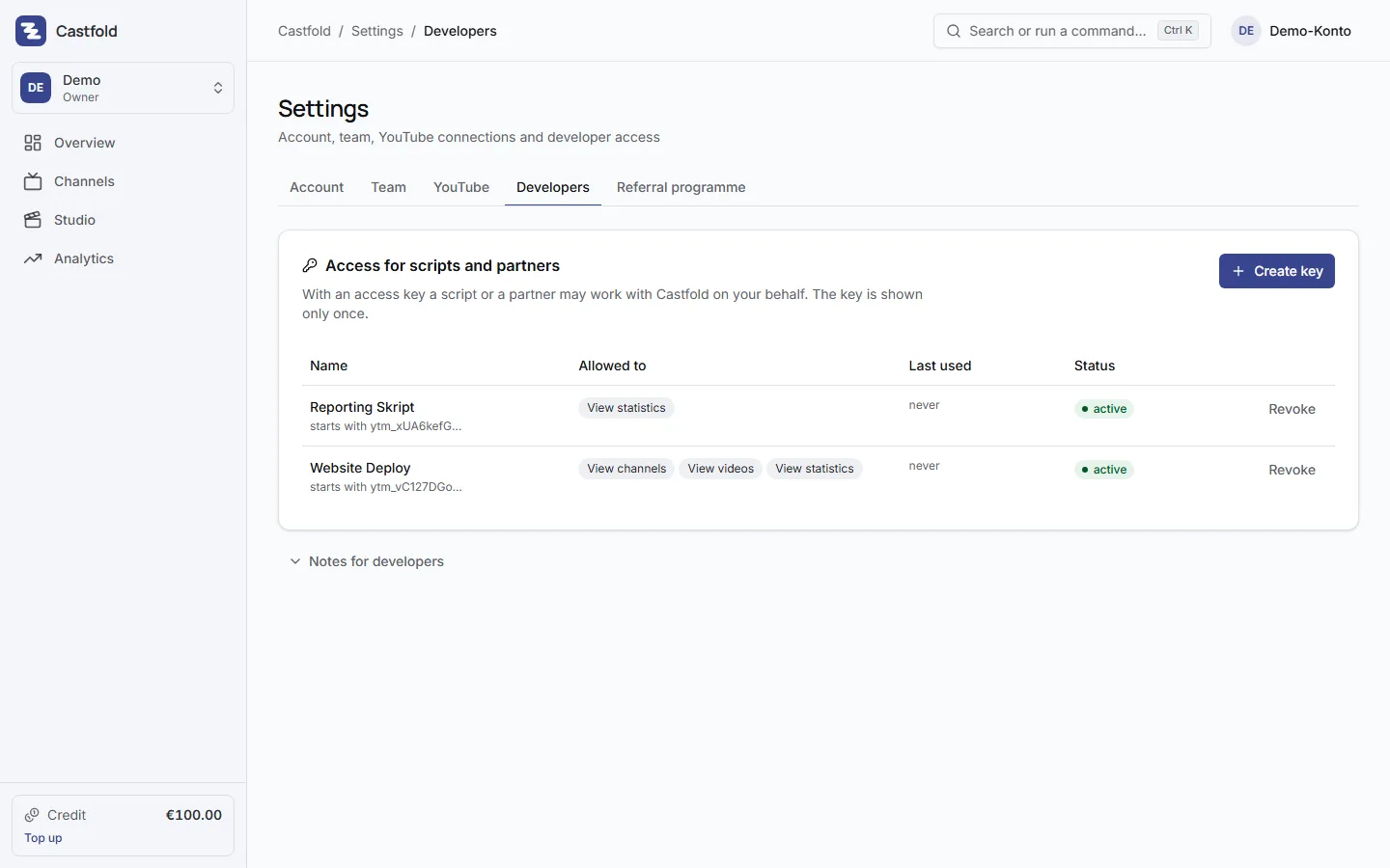 Access keys for scripts and partners