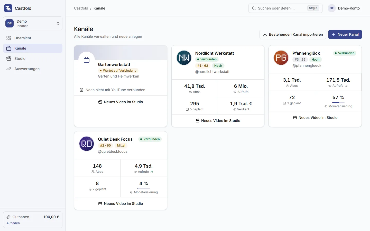 Kanal-Übersicht mit Import