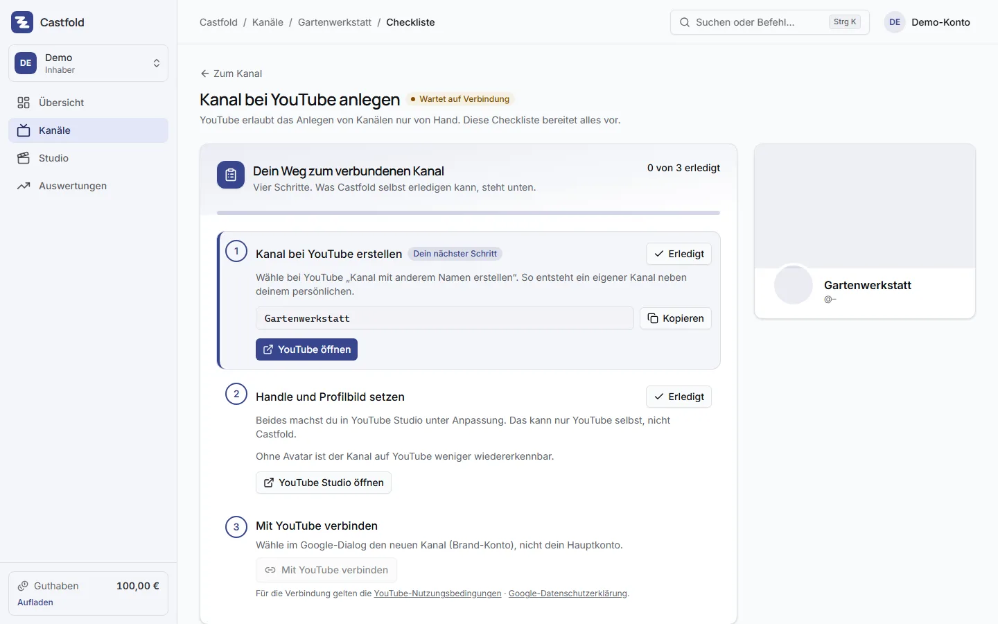 Setup-Checkliste bis zur YouTube-Verbindung