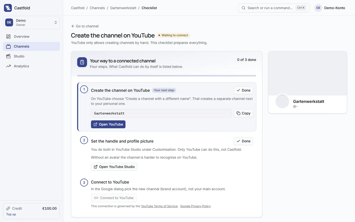 Setup checklist through to the YouTube connection